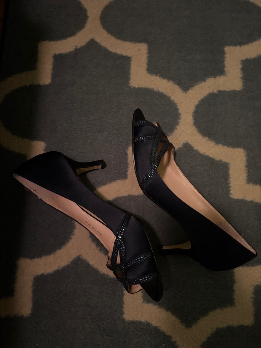 Nina Navy Satin Peep-Toe Heels with Rhinestone Straps Size 8M
